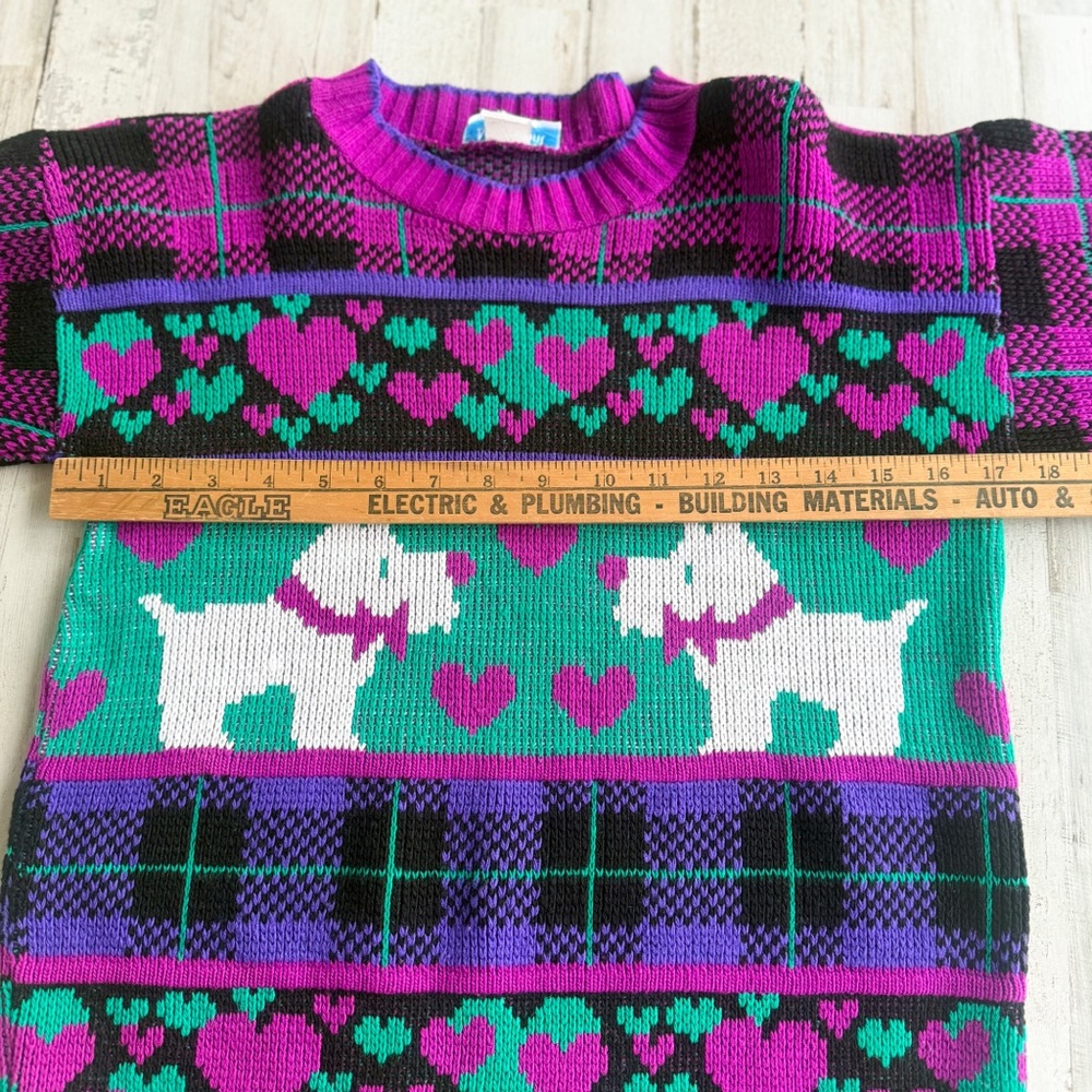 Vintage 80s Purple Green Scottie Dog Knit Sweater Hearts Plaid Girls 10-12 - Picture 8 of 11